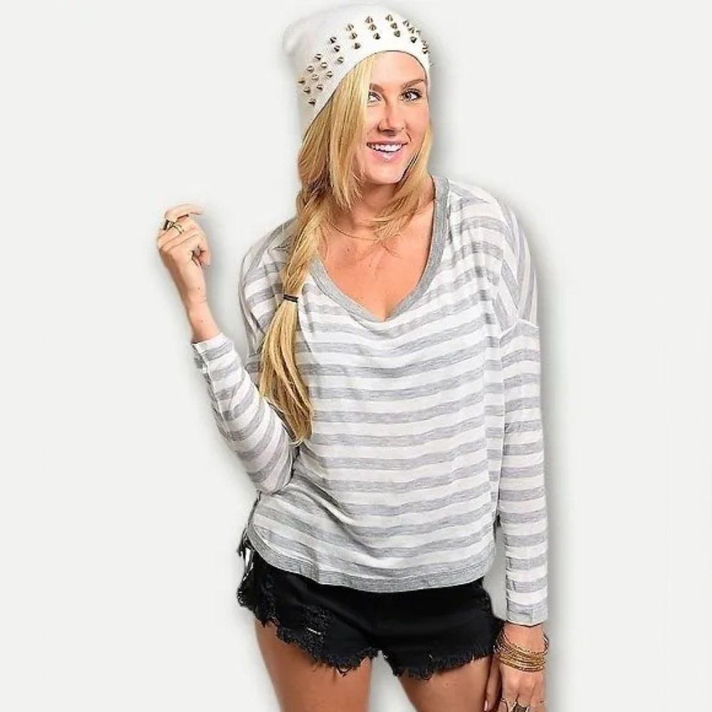 *Clearance* Pretty Good Grey Striped Sweater - Picture 2 of 3